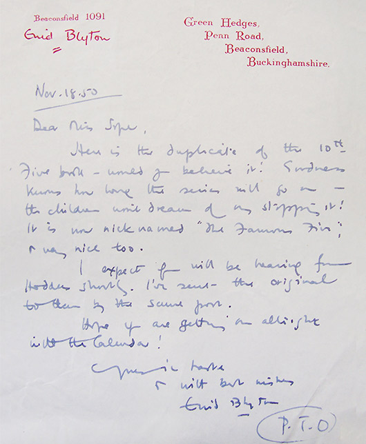 Enid Blyton letter - The Soper Collection
